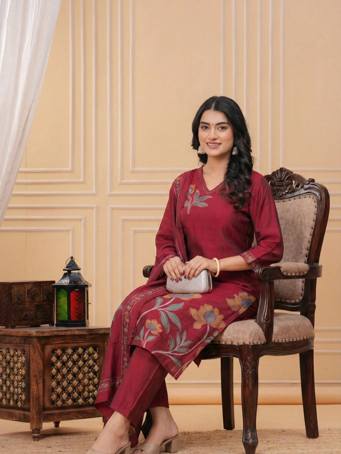 Maroon Floral Embroidered V-Neck Suit Set