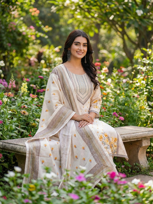 Cream & Soft Yellow Floral Print Kurta Set