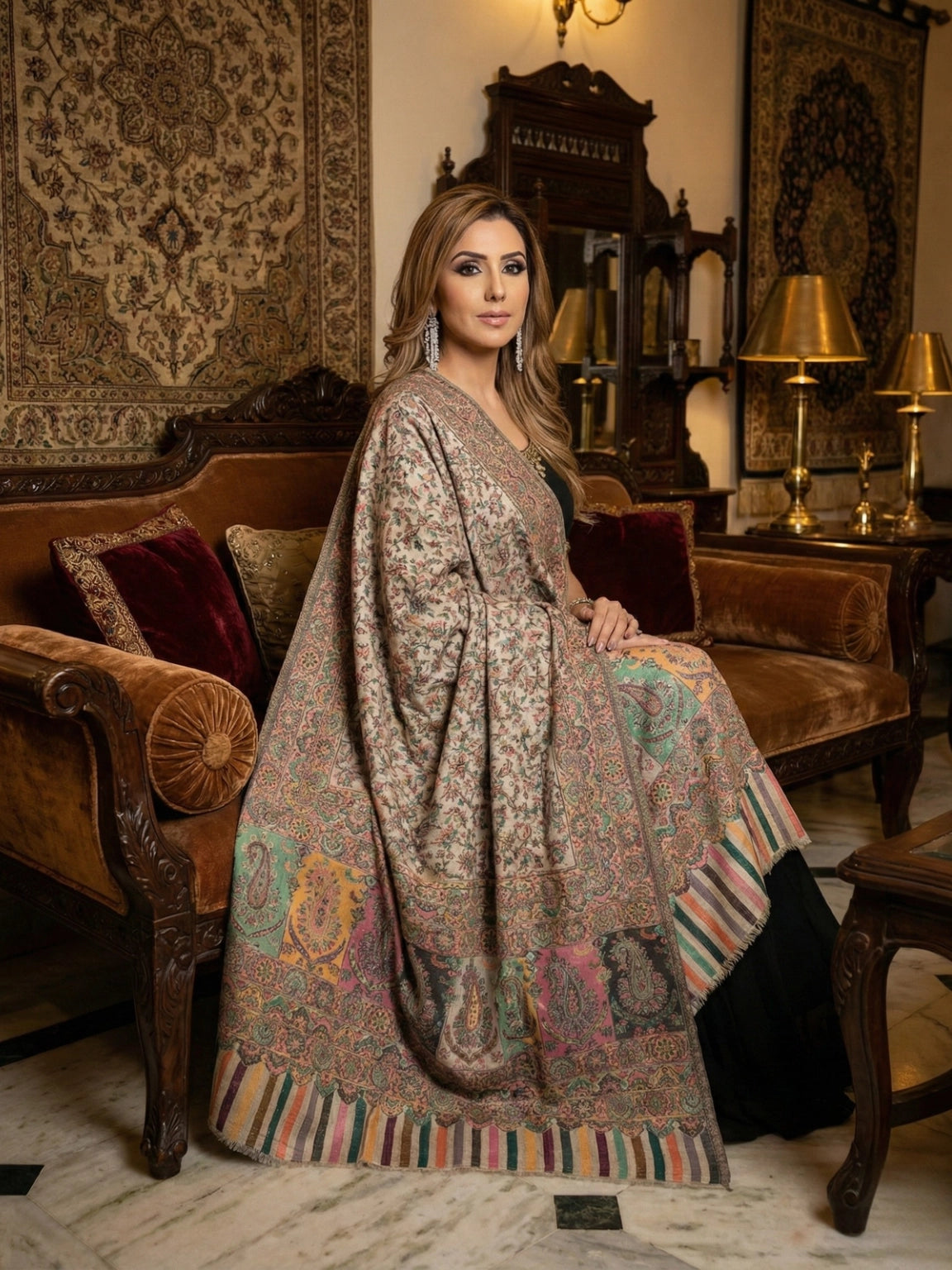 Beige & Multicolor Traditional Paisley Motif Shawl