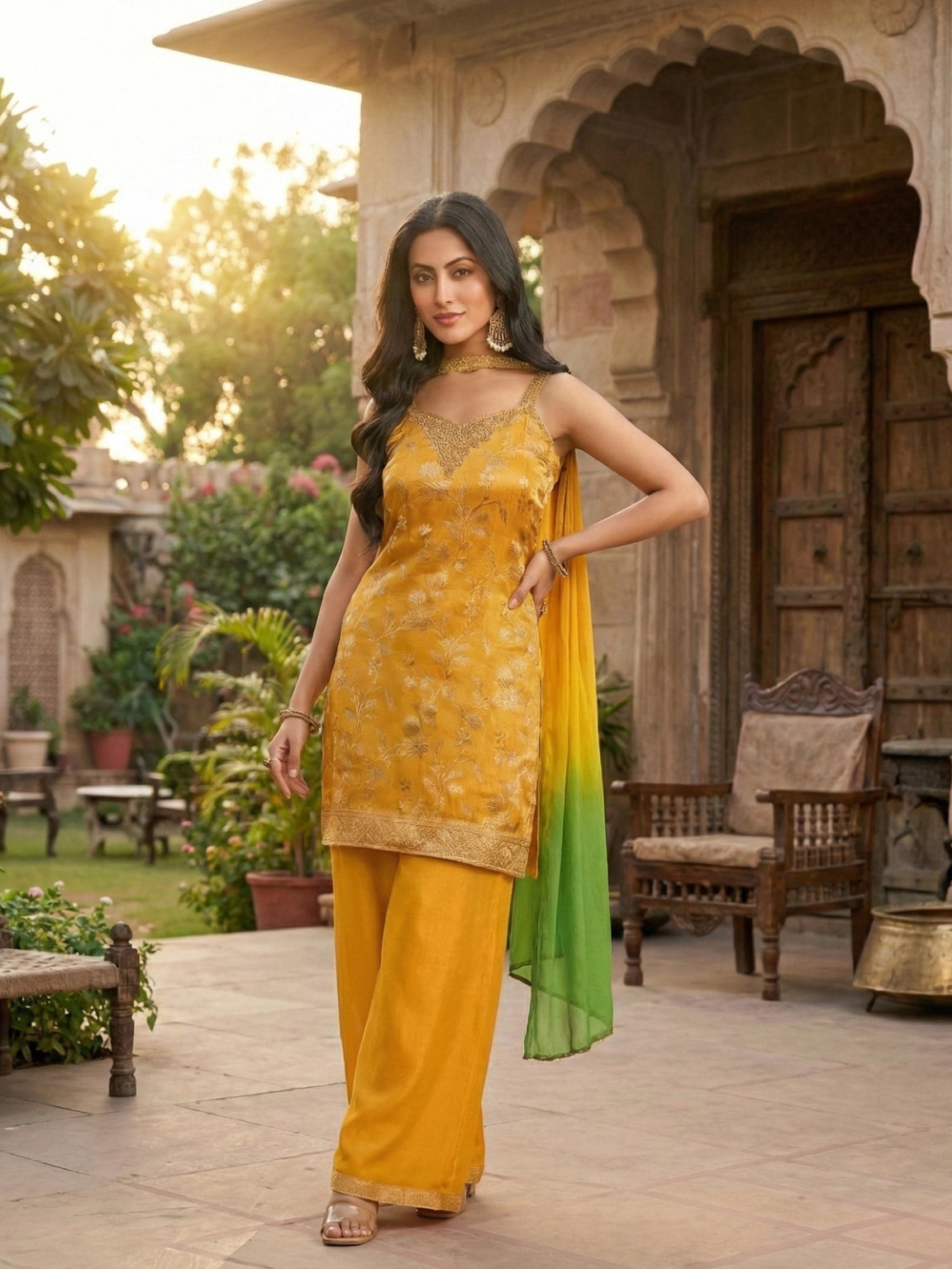 Mustard Yellow & Gradient Green Embroidered Strap Suit Set