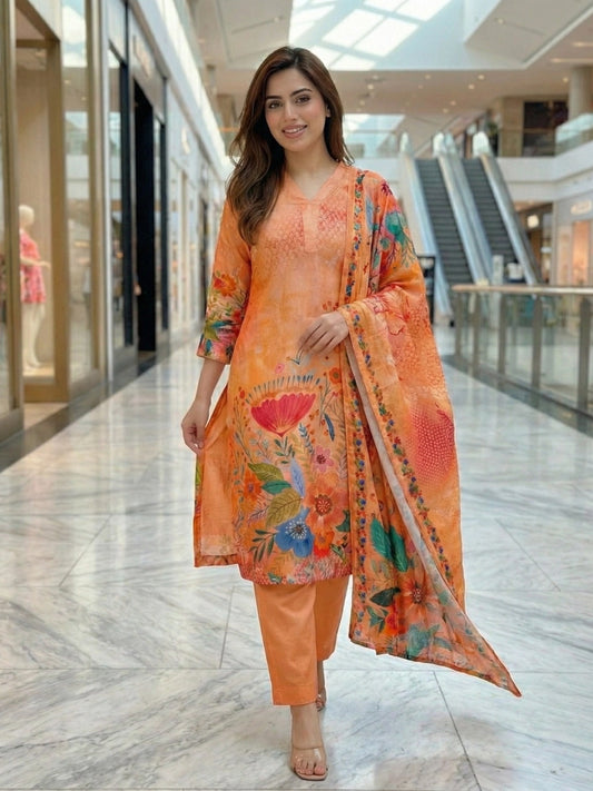 Peach Floral Print Straight Cut Suit Set with Dupatta