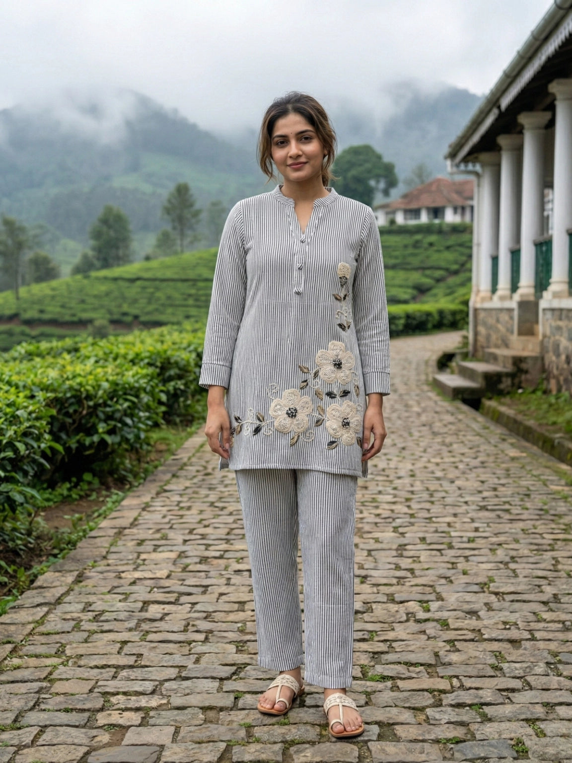 Grey & White Striped Floral Embroidered Co-Ord Set
