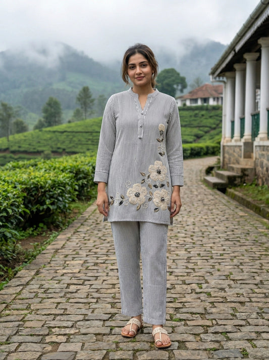Grey & White Striped Floral Embroidered Co-Ord Set