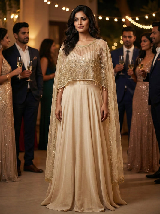 Champagne Gold Floor-Length Gown with Embellished Cape