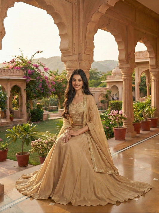 Golden Beige Embroidered Crop Top and Skirt Set with Dupatta