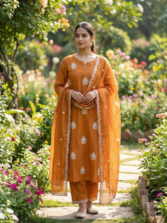 Radiant Mustard Embroidered Cotton Suit Set