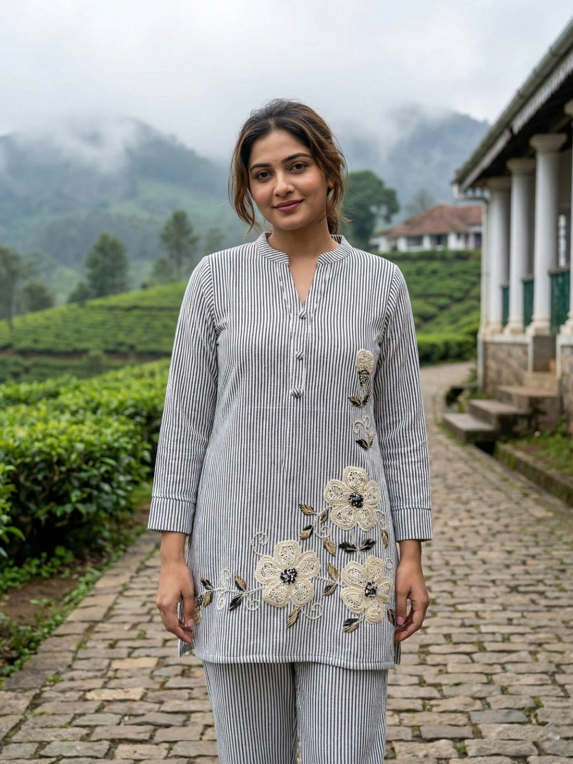 Grey & White Striped Floral Embroidered Co-Ord Set