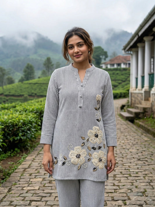 Grey & White Striped Floral Embroidered Co-Ord Set