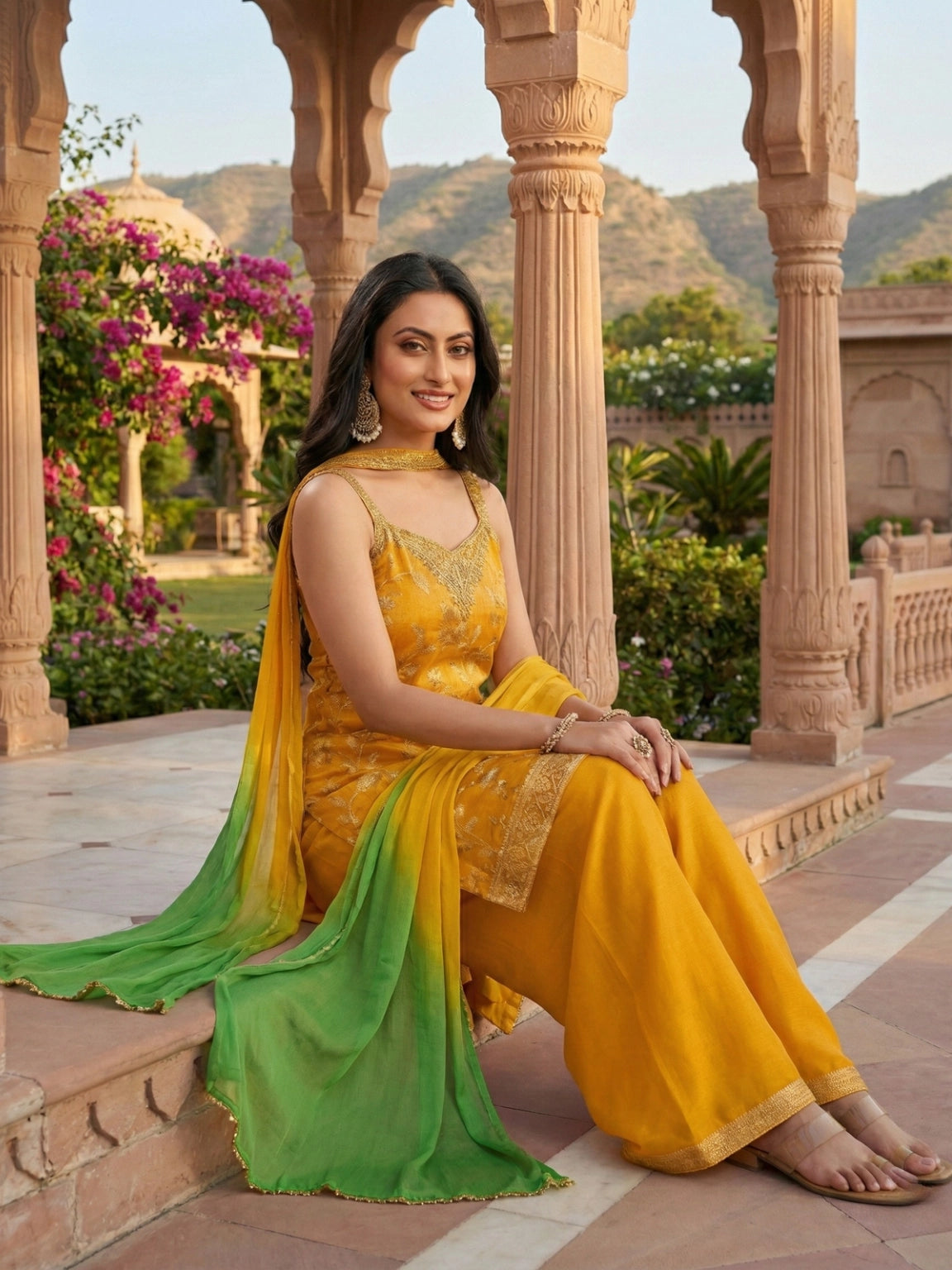 Mustard Yellow & Gradient Green Embroidered Strap Suit Set