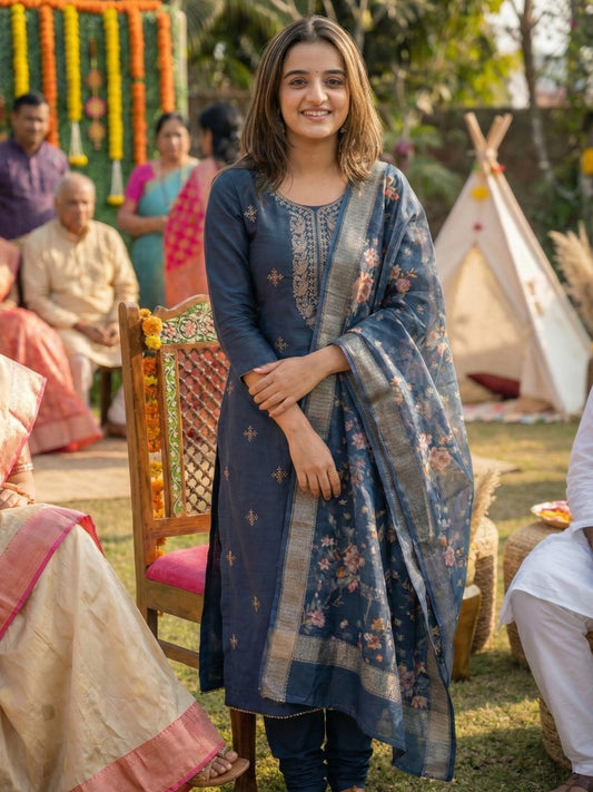 Indigo Blue Embroidered Straight Suit Set with Floral Dupatta