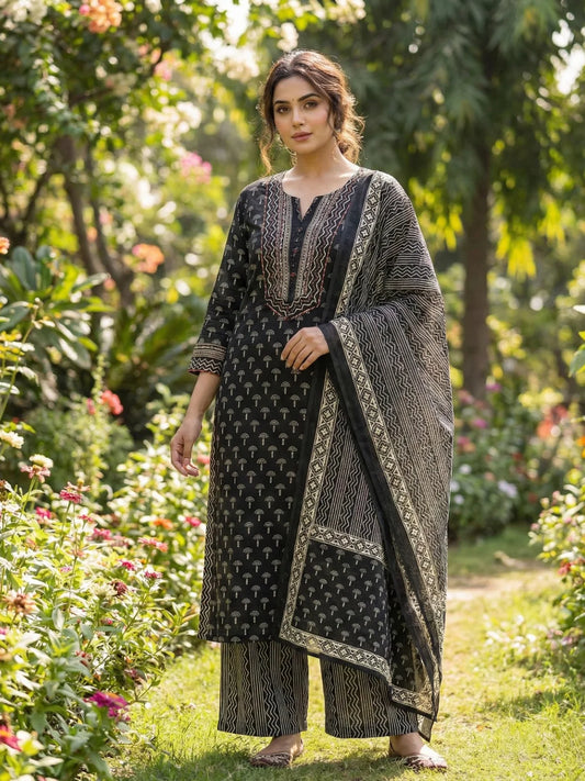 Elegant Black Printed Cotton Kurta Set with Palazzo & Dupatta