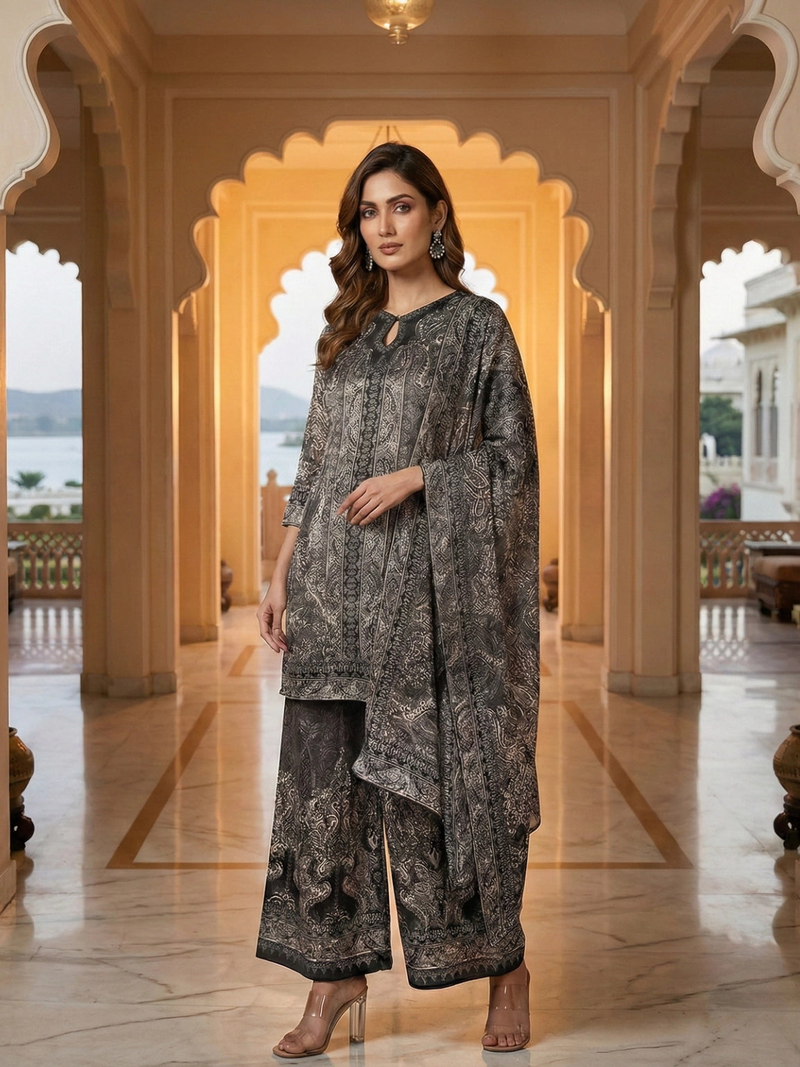 Charcoal Grey & Black Ethnic Print Kurta Set with Palazzos
