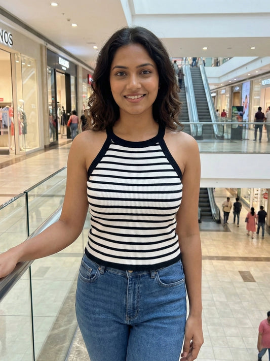 Black & White Striped Halter Neck Top