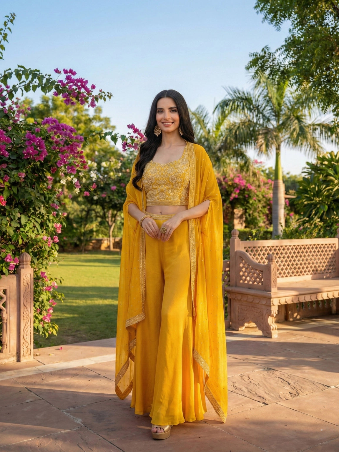 Radiant Yellow Embroidered Cape & Palazzo Set