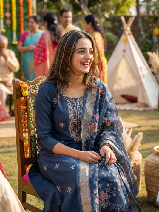Indigo Blue Embroidered Straight Suit Set with Floral Dupatta