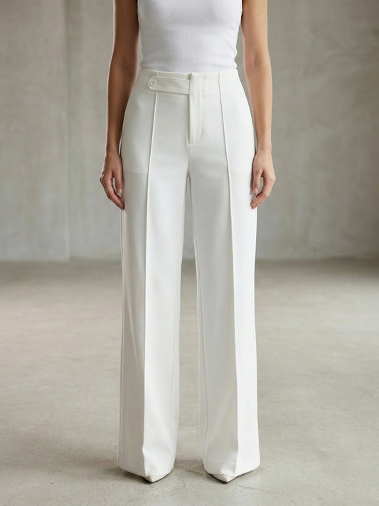 Pristine White High-Waist Wide Leg Trousers with Tab Detail