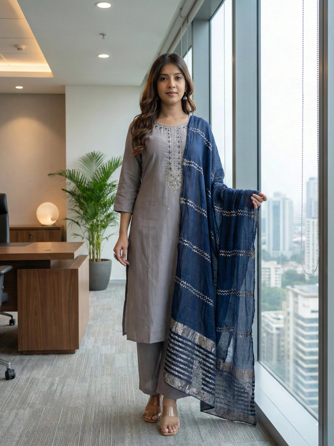 Steel Grey & Navy Blue Embroidered Straight Suit Set