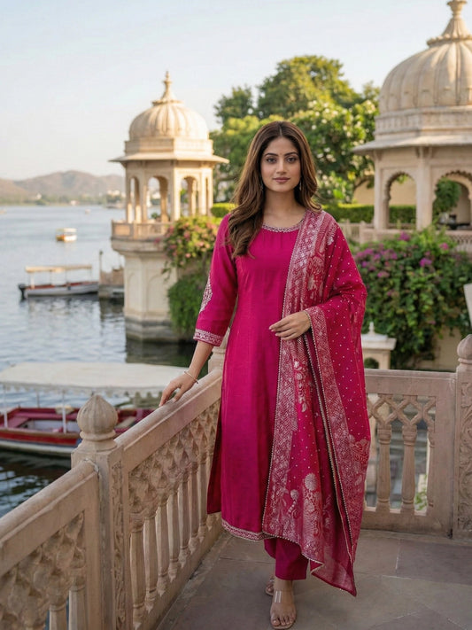 Magenta Pink Embroidered Kurta Set with Statement Dupatta
