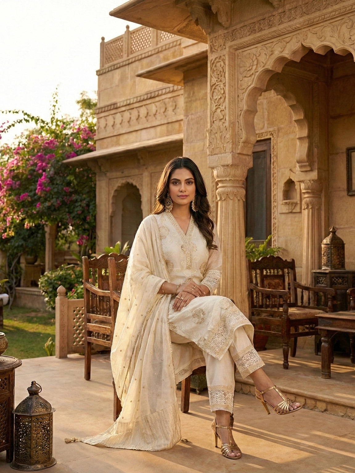 Ivory & Gold Floral Print Suit Set