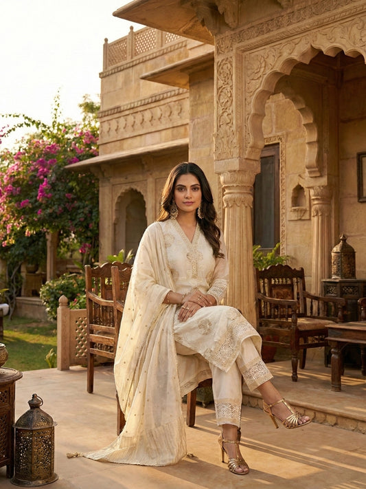 Ivory & Gold Floral Print Suit Set