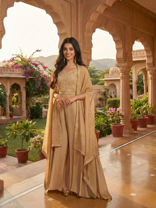 Golden Beige Embroidered Crop Top and Skirt Set with Dupatta