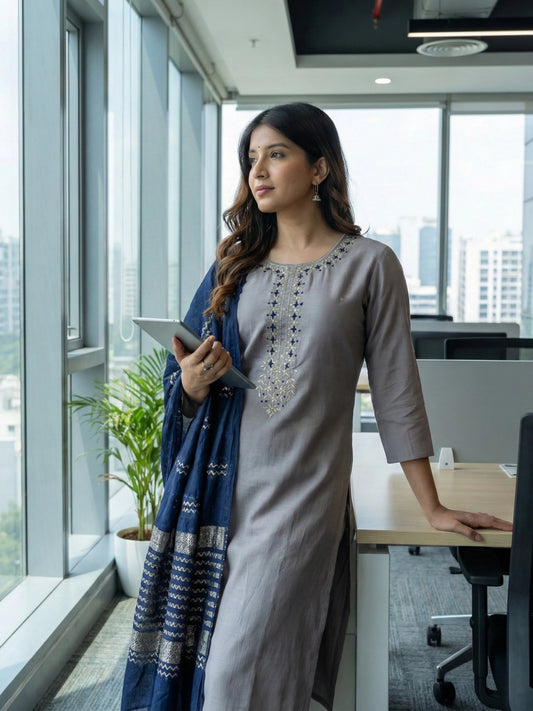 Steel Grey & Navy Blue Embroidered Straight Suit Set