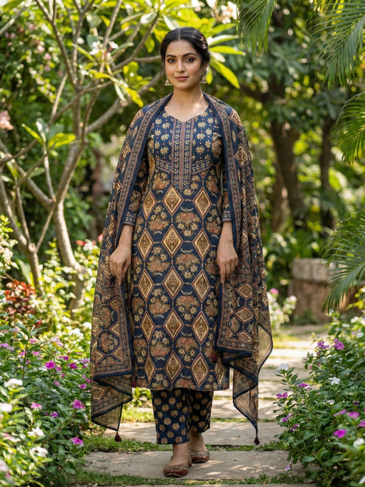 Navy Blue Diamond Print Ethnic Suit Set