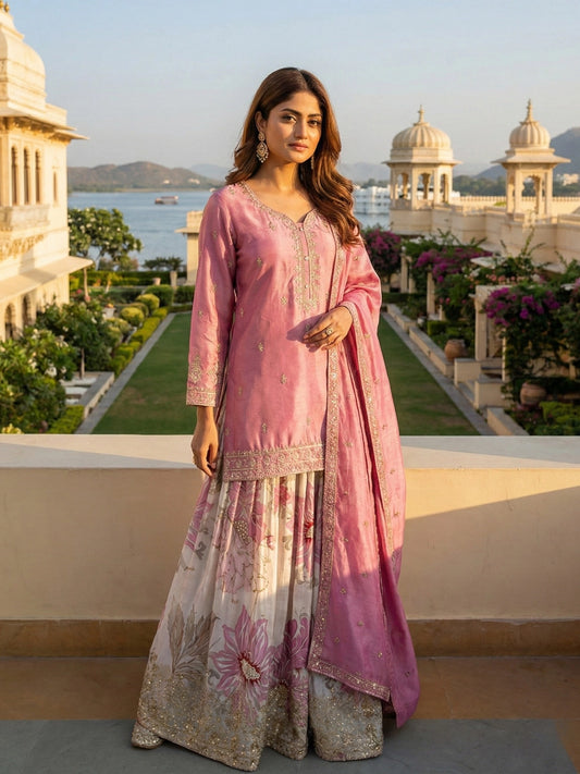 Dusty Pink Embroidered Kurta with Floral Skirt & Dupatta Set