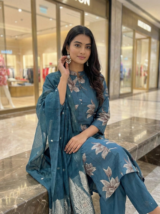 Teal Blue Floral Print Straight Suit Set