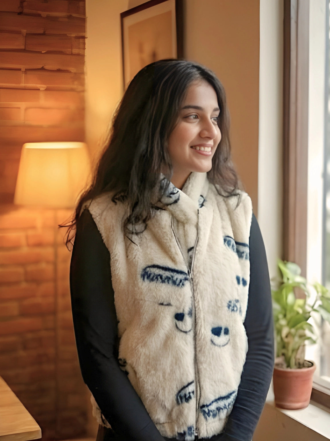 Reversible Cream & Blue Sleeveless Jacket