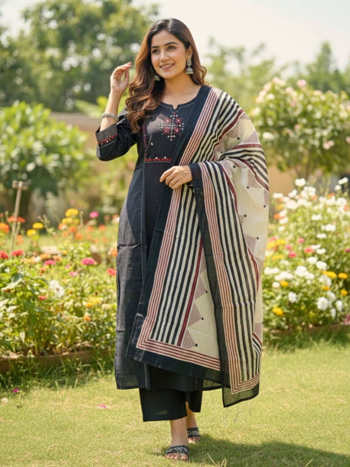 Black Embroidered Kurta Set with Geometric Striped Dupatta