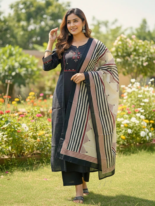 Black Embroidered Kurta Set with Geometric Striped Dupatta