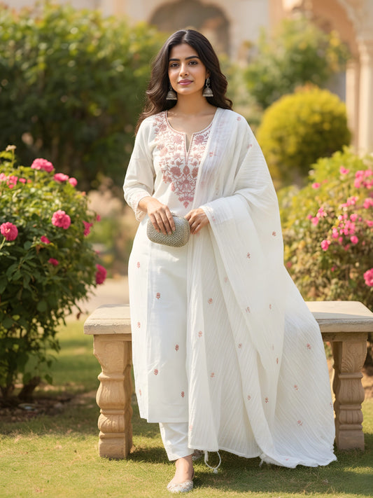 Ivory White & Dusty Rust Floral Embroidered Suit Set