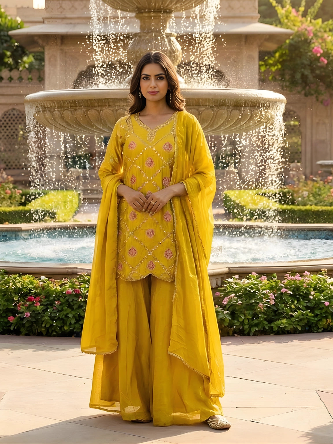 Sun-Kissed Mustard Embroidered Sharara Set
