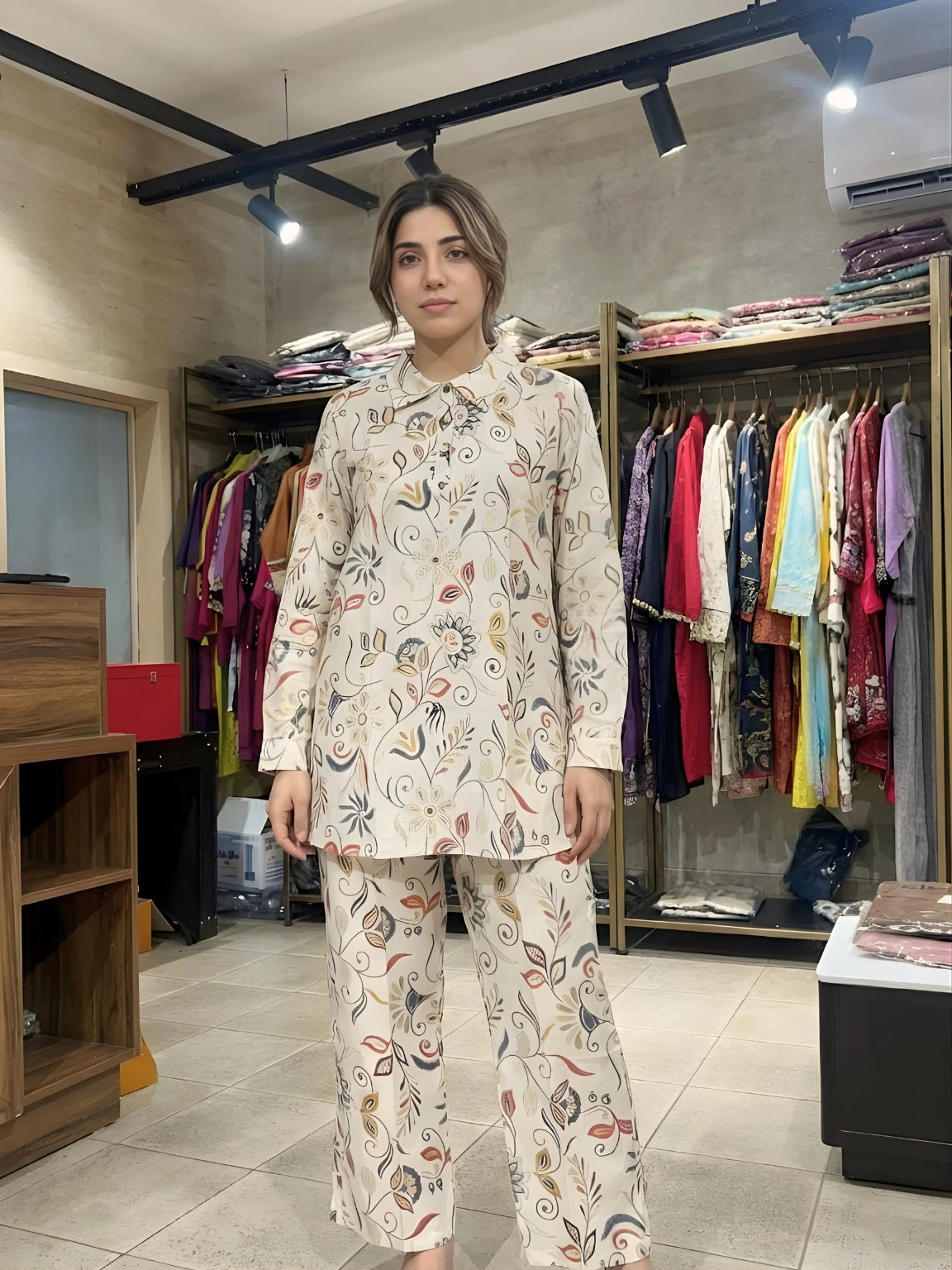 Beige & Earthy Floral Print Button-Down Co-Ord Set