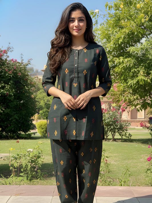 Bottle Green Ethnic Motif Button-Down Co-Ord Set