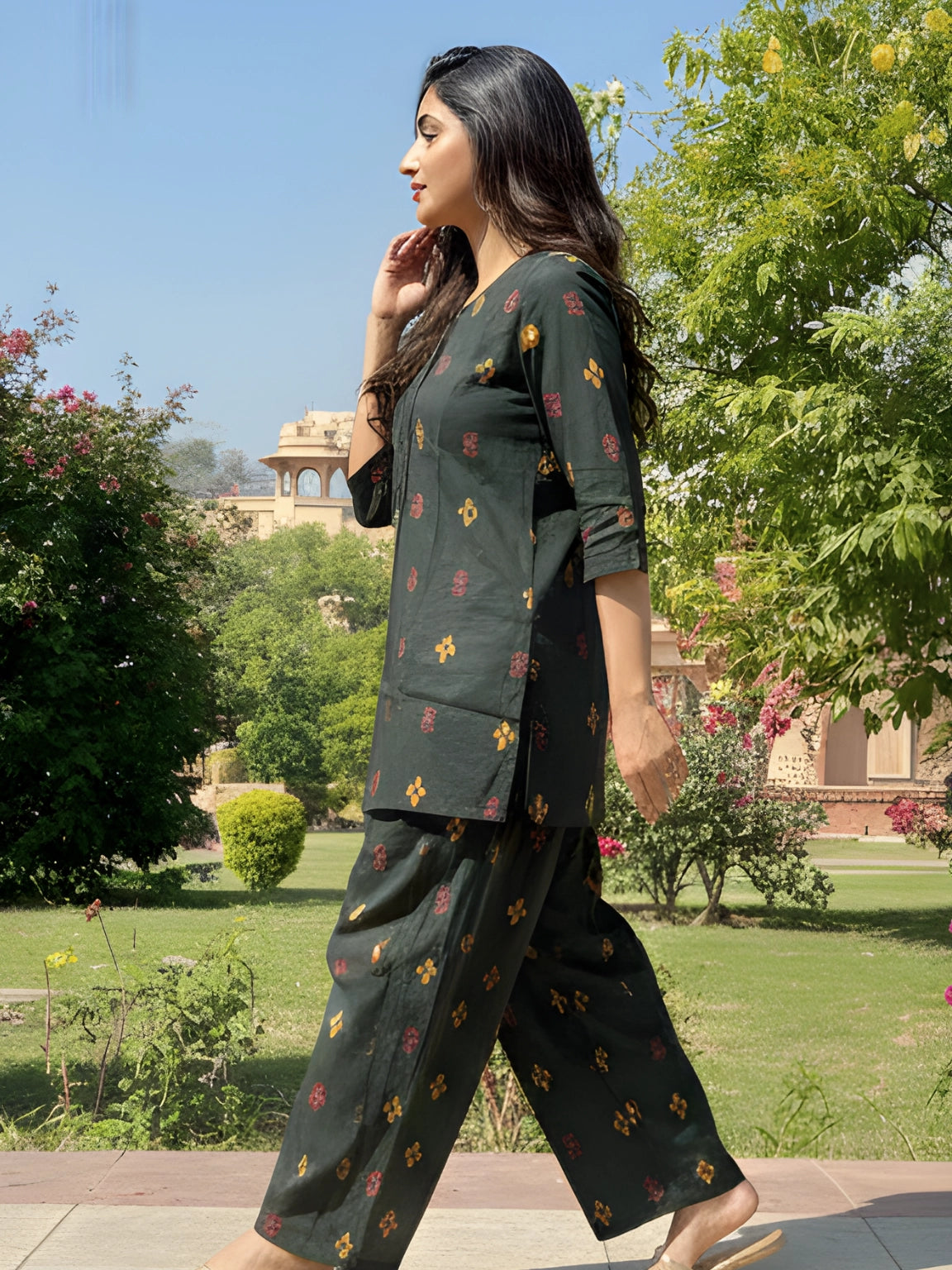 Bottle Green Ethnic Motif Button-Down Co-Ord Set