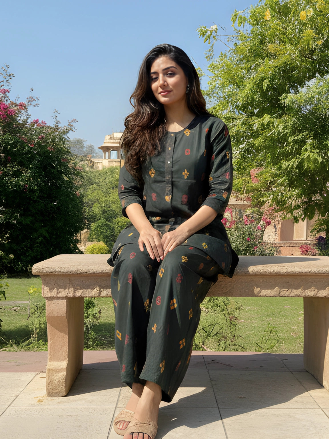 Bottle Green Ethnic Motif Button-Down Co-Ord Set
