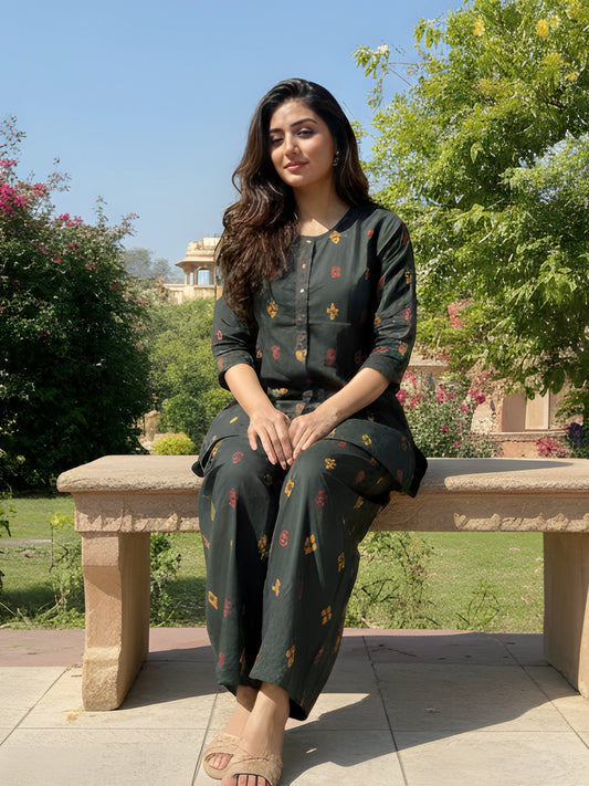Bottle Green Ethnic Motif Button-Down Co-Ord Set