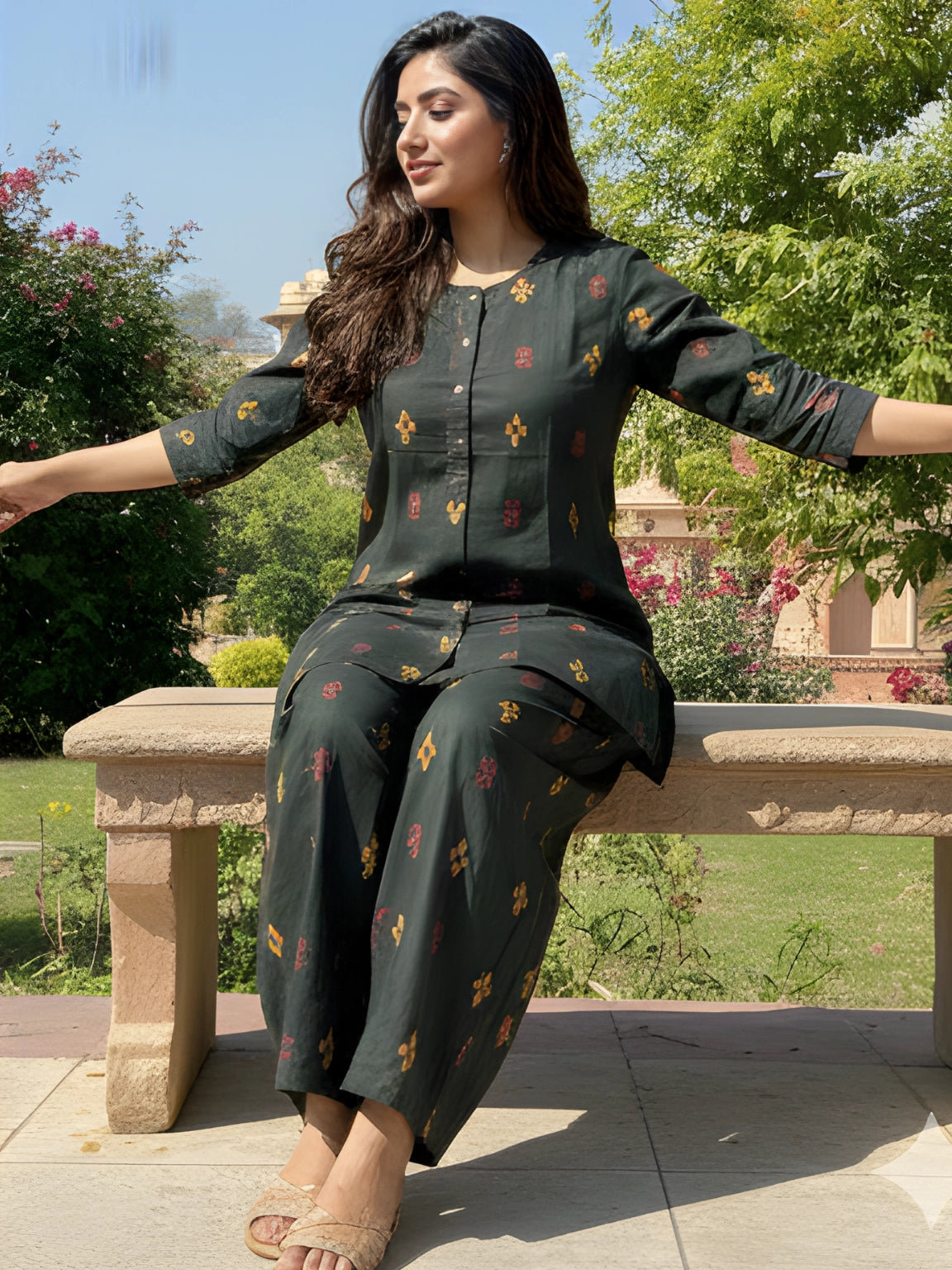 Bottle Green Ethnic Motif Button-Down Co-Ord Set