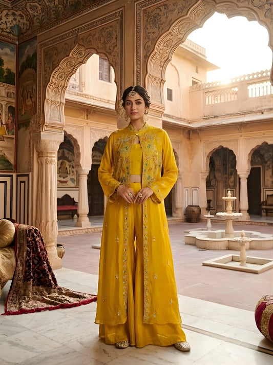 Saffron Yellow Embroidered Jacket & Sharara Set