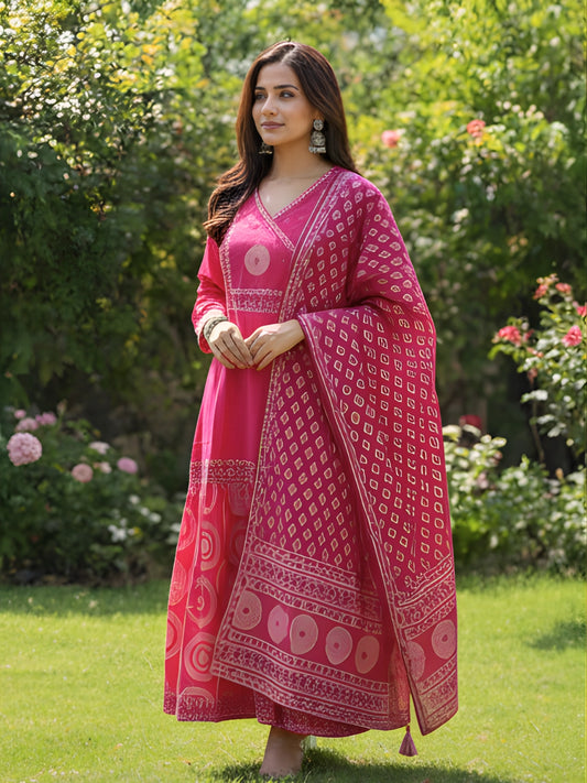 Radiant Rani Pink Angrakha Style Printed Anarkali Suit Set