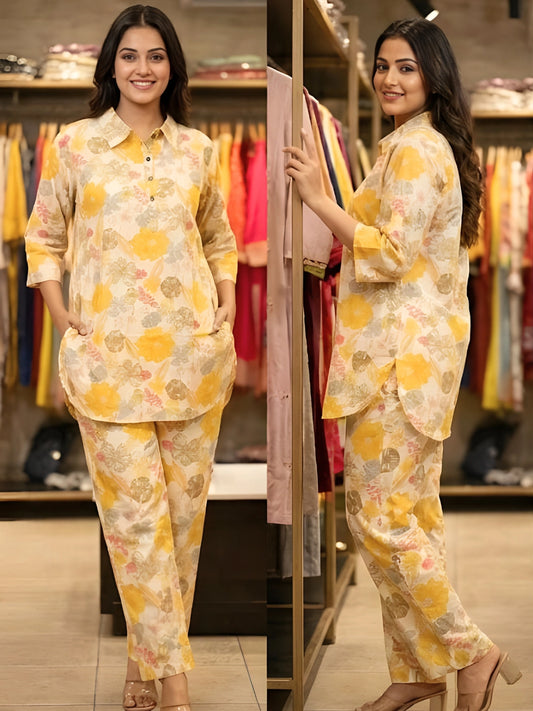 Yellow and Cream Floral Print Button-Down Co-Ord Set