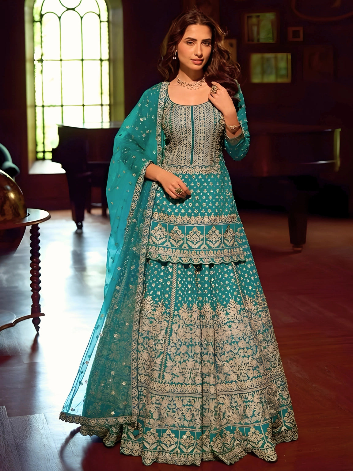 Teal Blue Heavy Embroidered Kurti with Flared Skirt Set