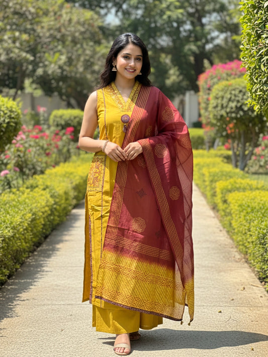 Mustard Yellow & Maroon Printed Sleeveless Suit Set