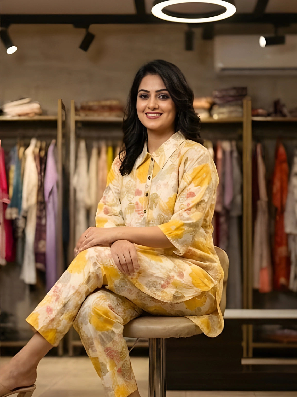 Yellow and Cream Floral Print Button-Down Co-Ord Set