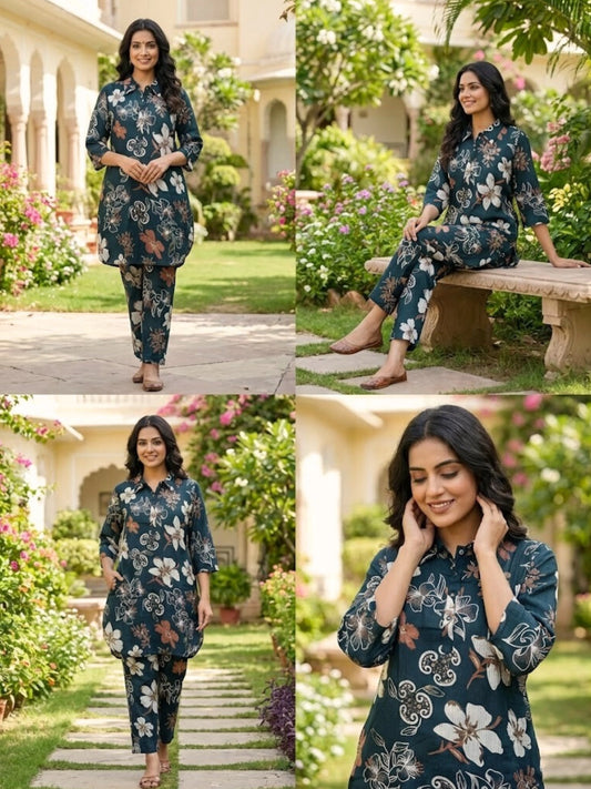 Floral Print Co-ord Set in Deep Teal