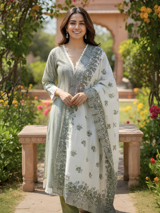 Sage Green & White Vertical Print Kurta Set with Dupatta