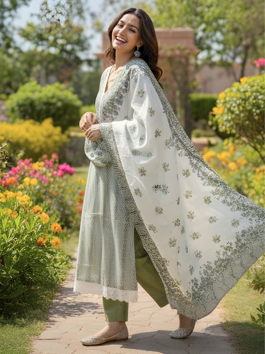 Sage Green & White Vertical Print Kurta Set with Dupatta
