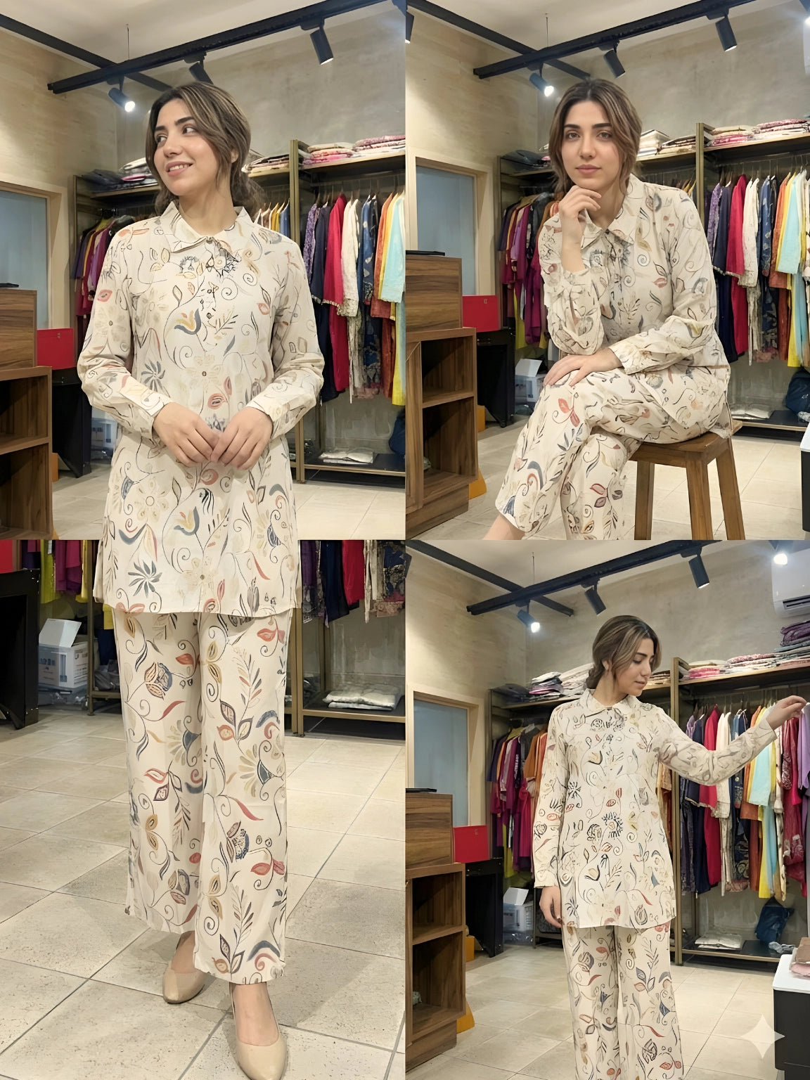 Beige & Earthy Floral Print Button-Down Co-Ord Set